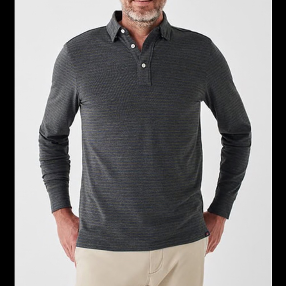 Faherty Men’s Long Sleeve Movement Charcoal Striped Polo Shirt Small